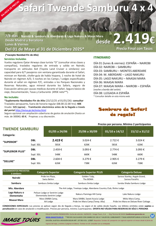 KENYA Twende, con Samburu & Aberdares & Nakuru & Masai Mara. Bajada de precios, 8ds dsd 2.419 tax incl.
