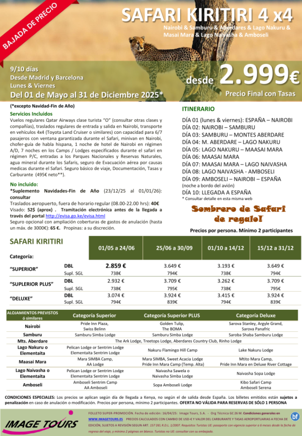 KENYA Kiritiri, c/Samburu, Aberdares, Nakuru, M. Mara, Naivasha, Amboseli. Bajada de precios, 10ds dsd 2.999 € 