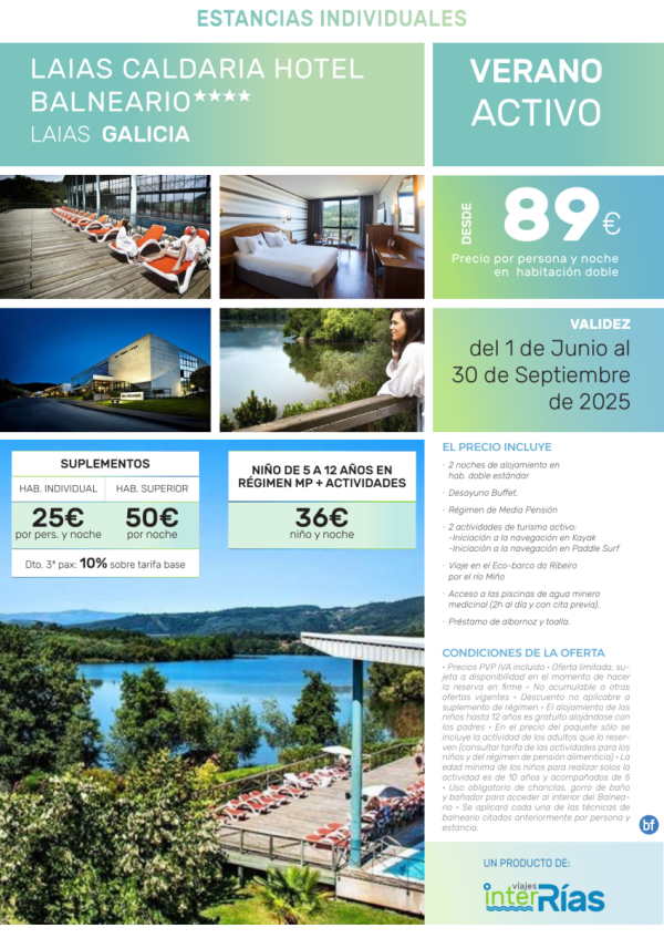 Verano Activo Laias Caldaria Hotel Balneario 4* (Laias - Galicia).- Hoteles para Individuales