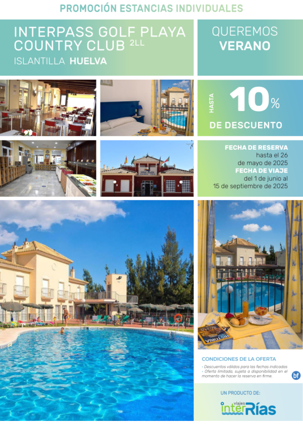 Queremos Verano Iterpass Golf Playa Country Club 2LL (Islantilla - Huelva).- Hoteles para Individuales