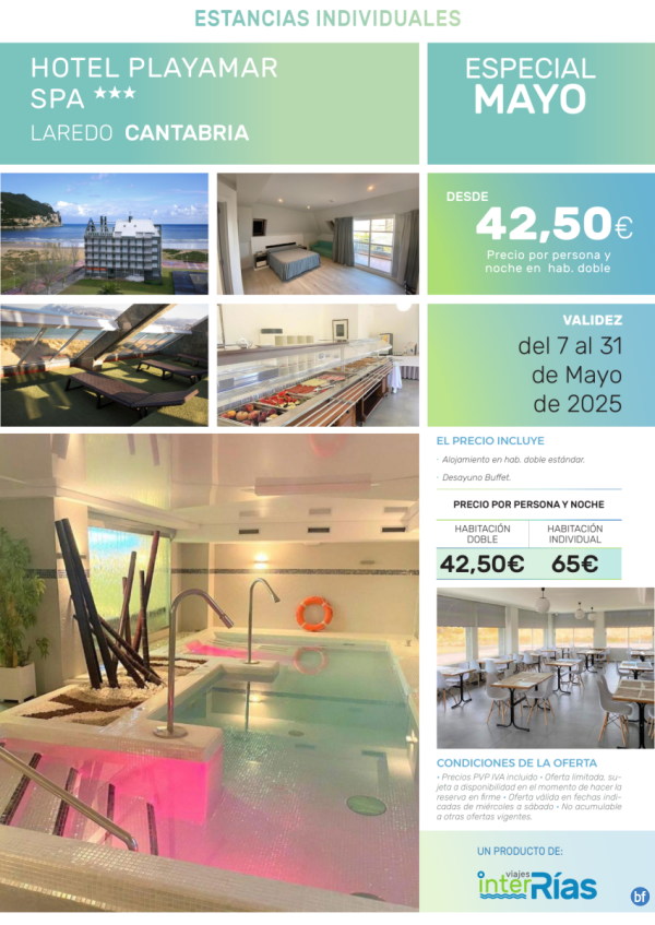 Especial Mayo Hotel Playamar Spa 3* (Laredo - Cantabria).- Hoteles para Individuales