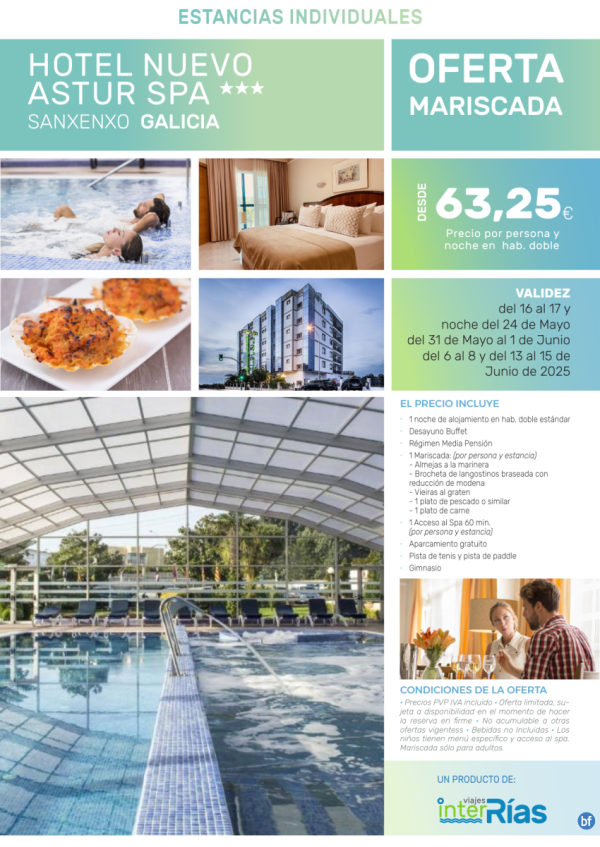 Oferta Mariscada Hotel Nuevo Astur Spa 3* (Sanxenxo - Galicia).- Hoteles para Individuales