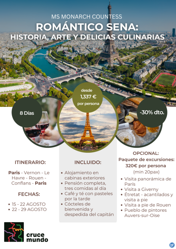 De Pars a Normanda por el Sena. Hasta 30% de descuento. Crucero fluvial Pars-Rouen-Pars.