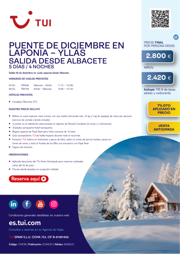 Laponia. Puente de diciembre en Levi. 5 das / 4 noches. 7% Dto VA. Salida 04 DIC desde ABC desde 2.800 € 