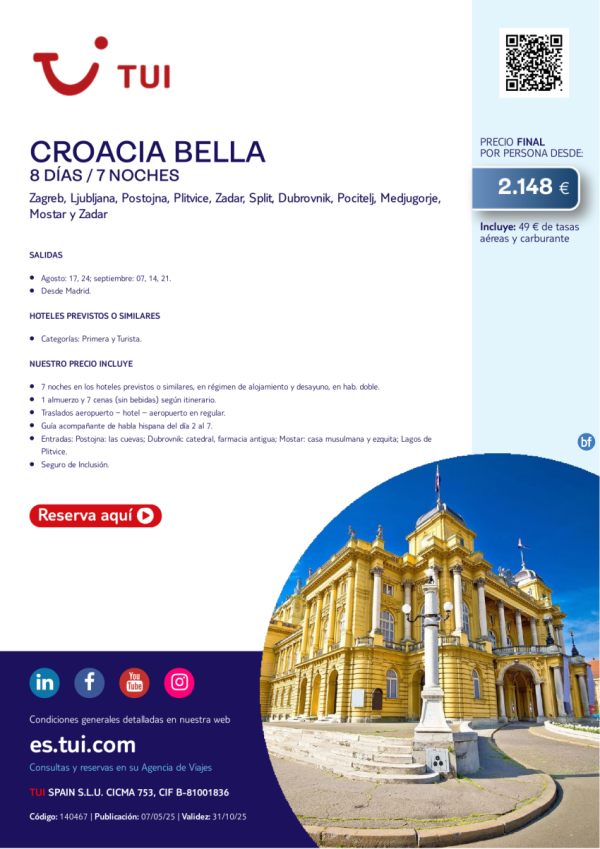 Croacia Bella. 8 das / 7 noches. Salidas AGO y SEP desde MAD desde 2.148 € 