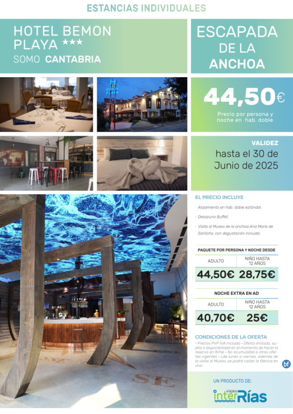 Escapada de la Anchoa Hotel Bemon Playa 3* (Cantabria).- Paquetes tursticos para Individuales