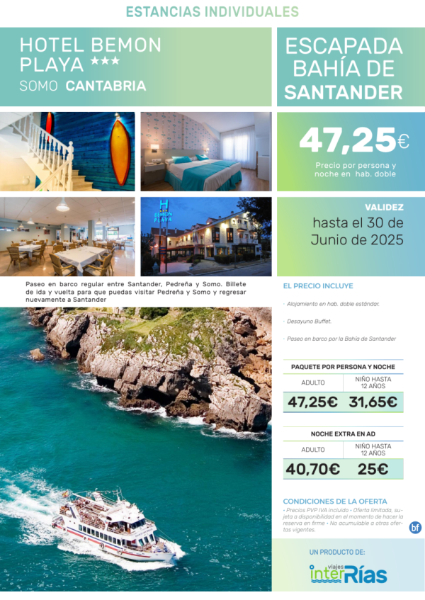 Escapada Baha de Santander Hotel Bemon Playa 3* (Cantabria).- Paquetes tursticos para Individuales