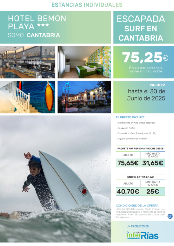 Escapada Surf en Cantabria Hotel Bemon Playa 3* (Cantabria).- Paquetes tursticos para Individuales