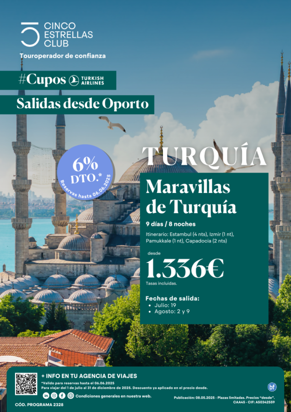 6%dto CuposTK/Maravillas de Turquia dsd 1.336 € 9d/8n sld Julio19, Agosto2y9 desde Oporto