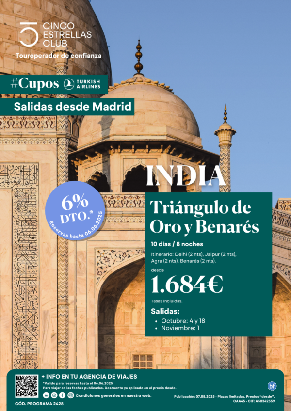 6%dto CuposTK/India Triangulo de Oro y Benares dsd 1.684 € 10d/8n sld Octubre4y18, Noviembre01 desde Madrid