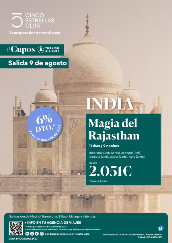 6%dto CuposTK/Magia del Rajasthan dsd 2.051 € 11d/9n Sld 9 de Ago dsd  Madrid,Barcelona,Bilbao,Mlaga,Valencia