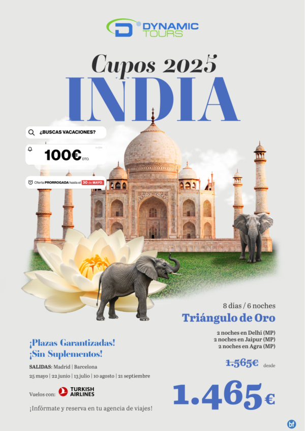 ?? Hasta el 30 Mayo ? INDIA ?  100? de DTO! ? (8d/6n) ? Salidas: mad y bcn | 1 € .5?6?5?? desde 1.465 € 