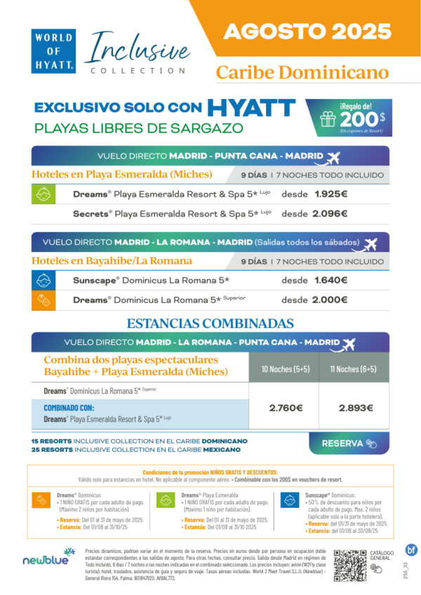 AGOSTO sin sargazo en Bayahibe y Playa Esmeralda, Miches.Combinados dos zonas espectaculares solo con Hyatt.