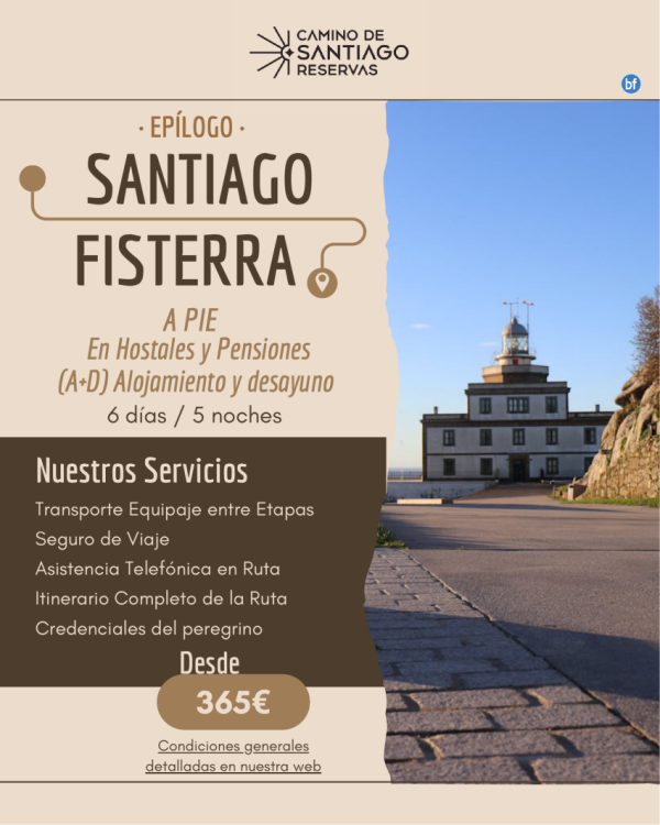 Santiago - Fisterra a pie. 6 Das / 5 Noches. Hostales y Pensiones. 365 € 