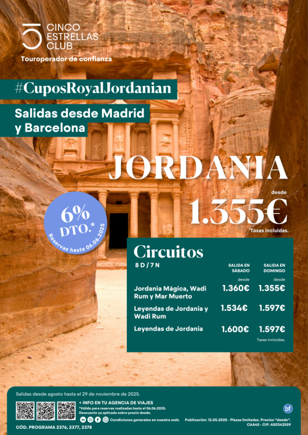 6%dto CuposRJ Jordania Circuitos 8d/7n dsd 1.355 € sld desde agosto hasta noviembre en sab. y dom. dsd MADyBCN