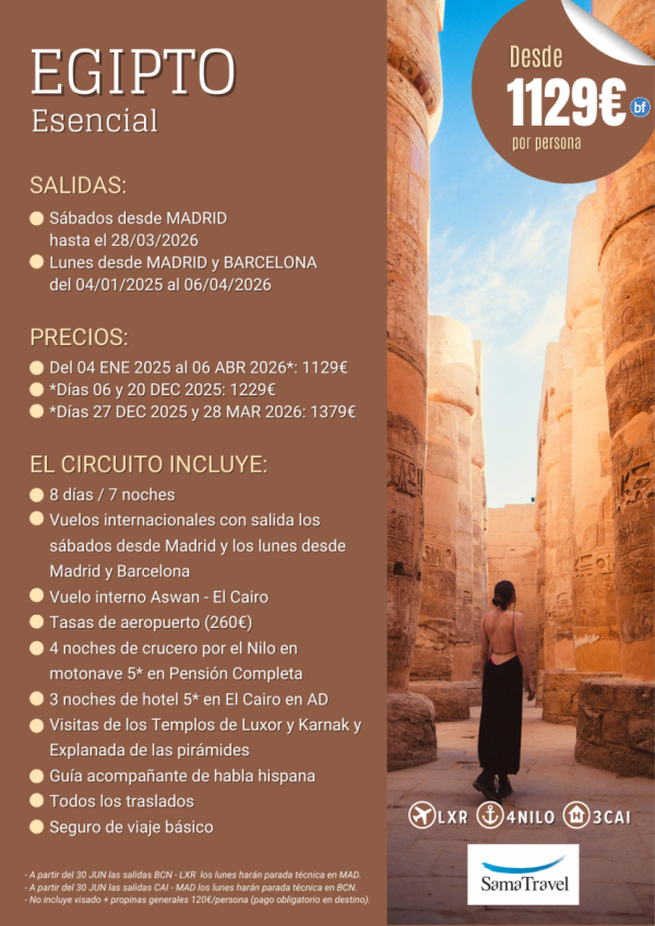 EGIPTO Esencial\- 8 das crucero +Cairo +visitas [Chrter a Luxor desde Madrid] (4Ene-06Abr26)**Desde 1129 € **