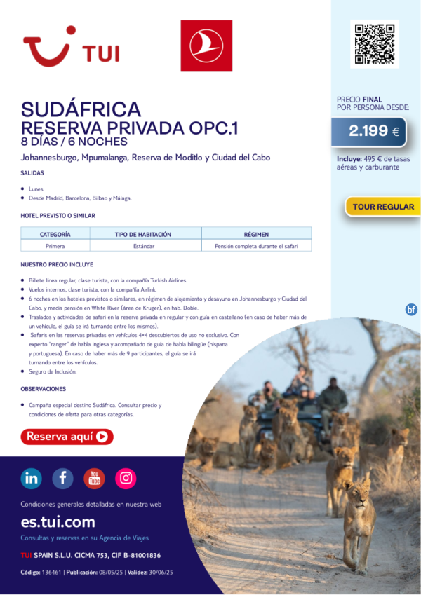 Sudfrica. Reserva Privada Opc. 1. Tour Regular. Desde Mad, Bcn, Bio y Agp desde 2.199 € 