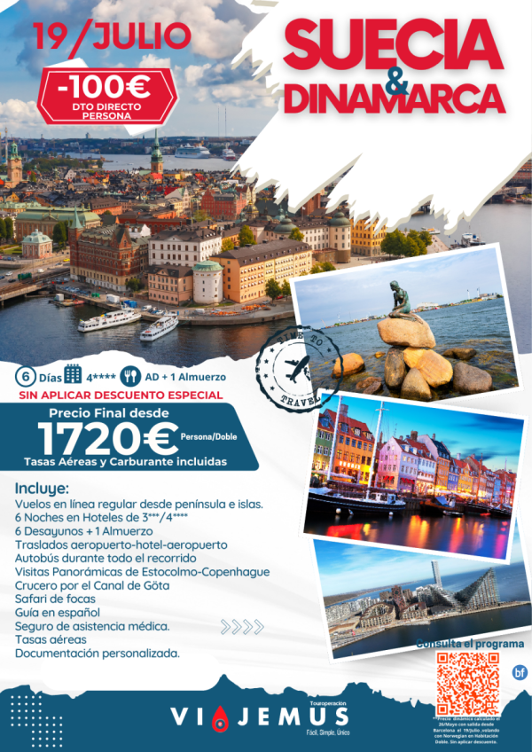 Suecia y Dinamarca salida especial 19/Julio DTO directo de -100? por persona.Vive la magia del norte de Europa