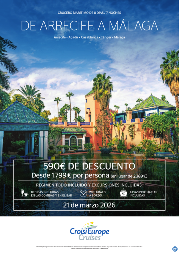 Hasta 590 € DESCUENTO - crucero martimo de Arrecife a Mlaga - 8 das - Todo Incluido - 21 de marzo 2026