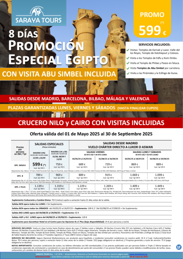 Promo Egipto con Abu Simbel 8d. *Vuelo Mad,Bcn,Bio,Agp, Vlc* Crucero y Cairo desde 599 € 