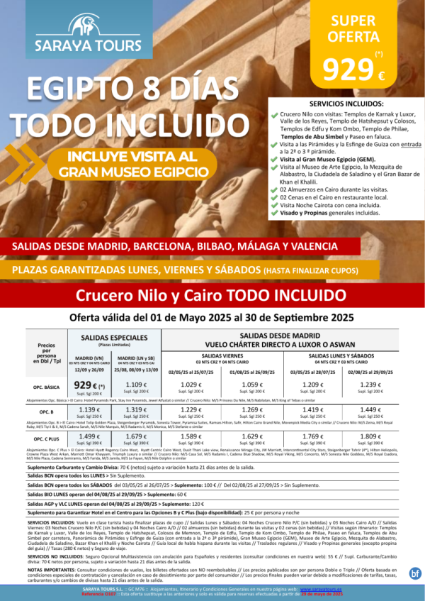 Egipto Todo Incluido 8d. *Vuelo dsd Mad,Bcn,Bio,Agp,Vlc* Crucero y Cairo+ visitas, Propinas y Visado. Dsd 929 € 