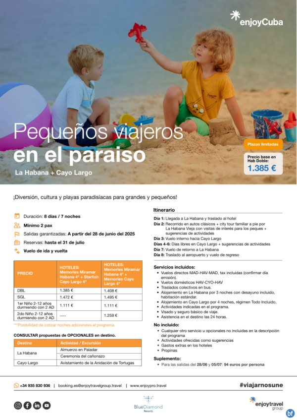 Pequeos viajeros  en el paraso La Habana y Cayo Largo 8D/7N con vuelo incluido desde 1,385 € 