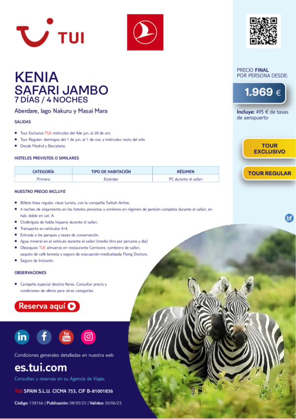 Kenia. Safari Jambo. 7 das / 4 noches. Vuelos con TK. Tour Exclusivo y Tour Regular. Salidas desde 1.969 € 