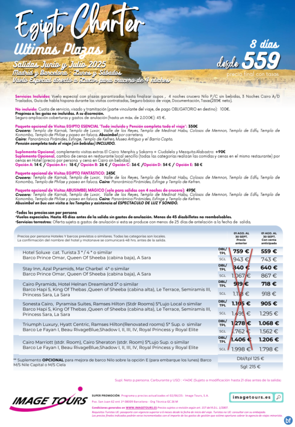 Egipto Charter, ltimas Plazas Junio y Julio con plazas garantizadas! 8 das desde solo 559 € 