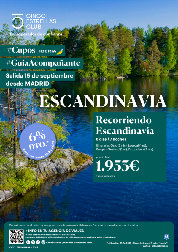 6%dto CuposIB/Guia Acompaante Recorriendo Escandinavia Precio Final 1.953 € 8d/7n sld 15 de Septiembre dsd MAD