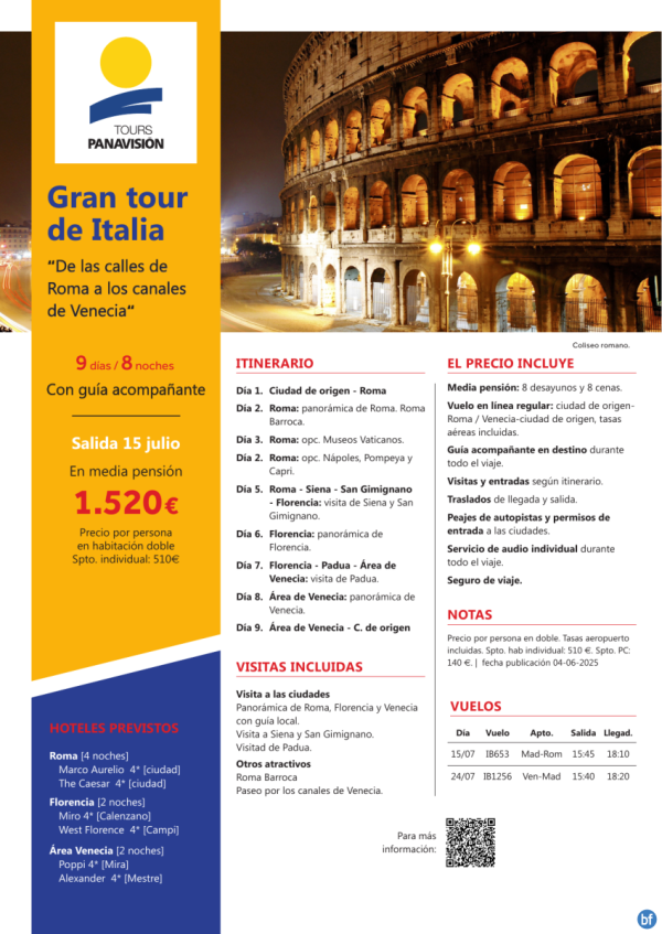 Gran Tour de Italia 9 das inolvidables con vuelos cmodos y MP! Salida 15/07 Por 1.520 € 