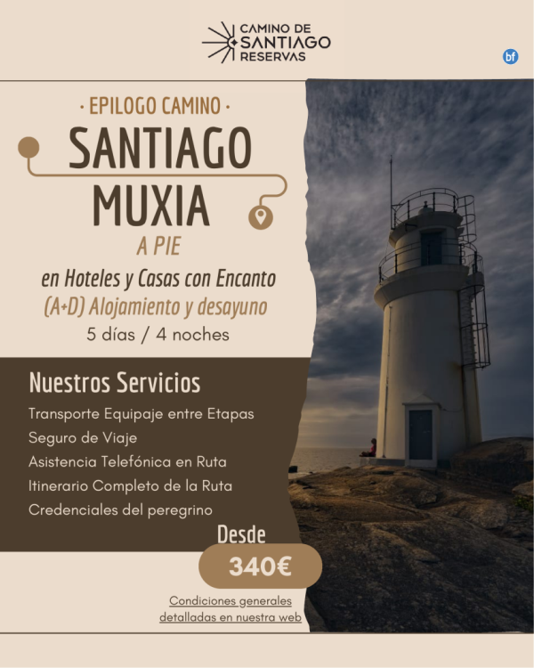 Epilogo del Camino. Santiago de Compostela - Muxia a Pie. Hoteles y Casas. 5 Das/4 Noches. 340 € / persona