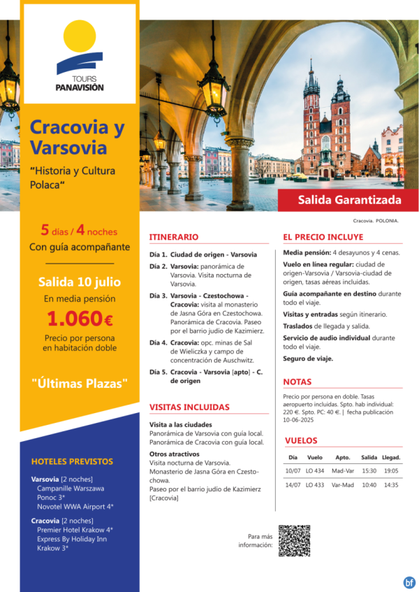 Salida Garantizada el 10/07! Polonia histrica en Cracovia y Varsovia. 5 das. 1.060 € 