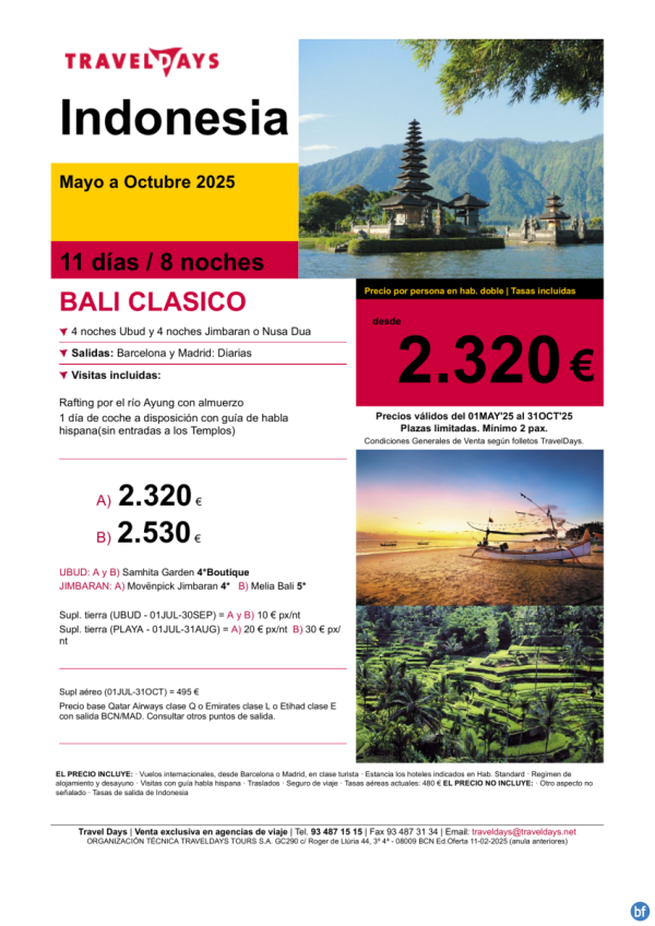 BALI CLASICO -  11 das con coche y gua a disposicin en Ubud a partir de 2.320 € 
