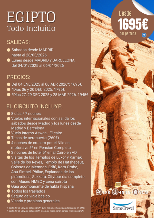 EGIPTO Todo Incluido\- 8 das crucero +Cairo +visitas [Desde Madrid y Barcelona] (Ene25-Mar26) *Desde 1695 € *