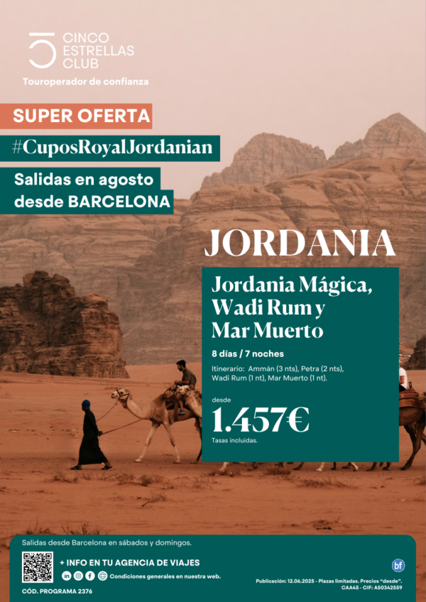 Super Oferta CuposRJ / Jordania Magica, Wadi Rum y Mar Muerto dsd 1.457 € 8d/7n Salidas en Agosto dsd Barcelona