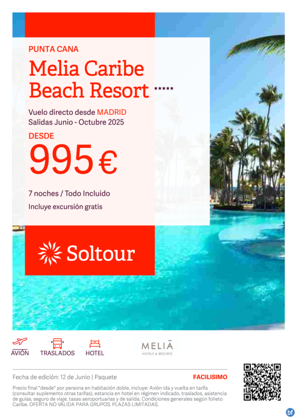 Punta Cana (Repblica Dominicana) en Meli Caribe Beach Resort desde 995 € , salidas Junio - Octubre desde Madrid