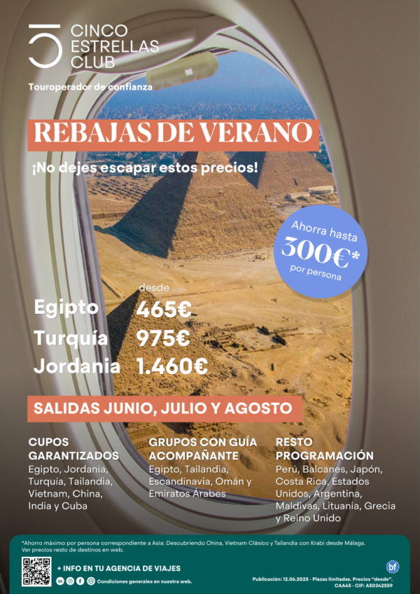 Rebajas de Verano! Ahorra hasta 300 € Egipto dsd 465 € , Turquia dsd 975 € , Jordania dsd 1.460 € sld Jun, Jul, Ago