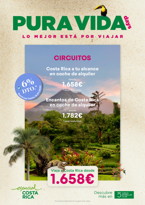6%dto Costa Rica 2 circuitos a elegir en coche de alq. dsd 1.658 € 9d/7n sld diaria dsd Mad,Bcn,Bio,Vlc,Agp,Lcg