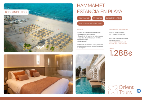 TNEZ Hammamet estancia en playa 07 noches con vuelos desde BCN y MAD.