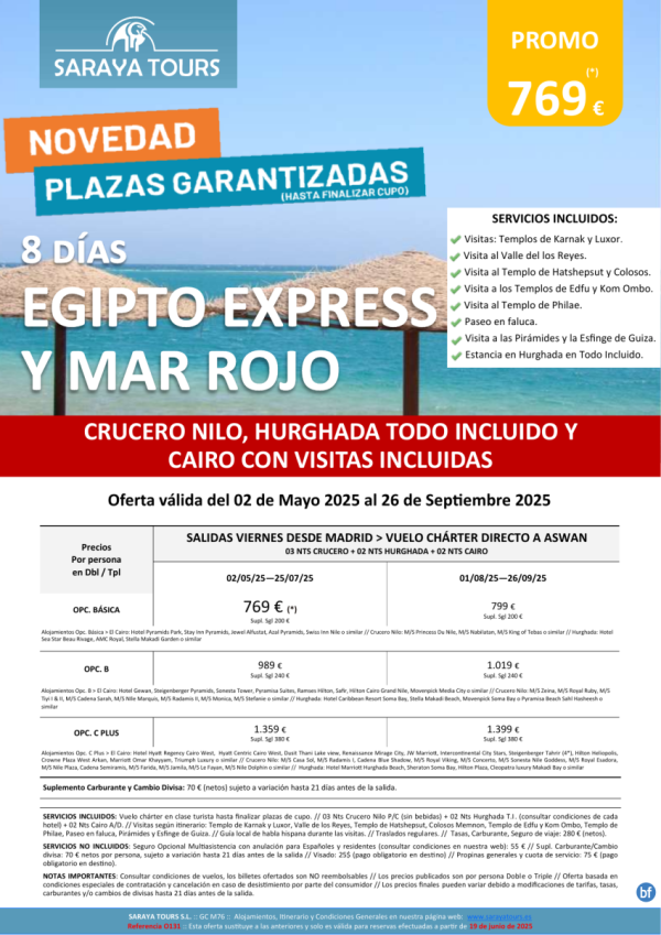 Egipto Express y Mar Rojo 8D *Crucero Nilo, Hurghada TI y Cairo + Visitas incluidas. Hasta Abril 26. Dsd 769 € 