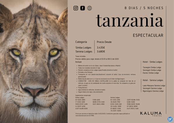 Tanzania Espectacular 8 Das / 5 Noches Salidas Garantizadas hasta Diciembre desde 3.720 € 