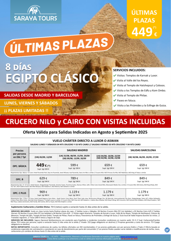 ltimas Plazas Egipto Clsico 8d. Vlo directo  Bcn y Mad. Crucero Nilo y Cairo . Desde 449 € 