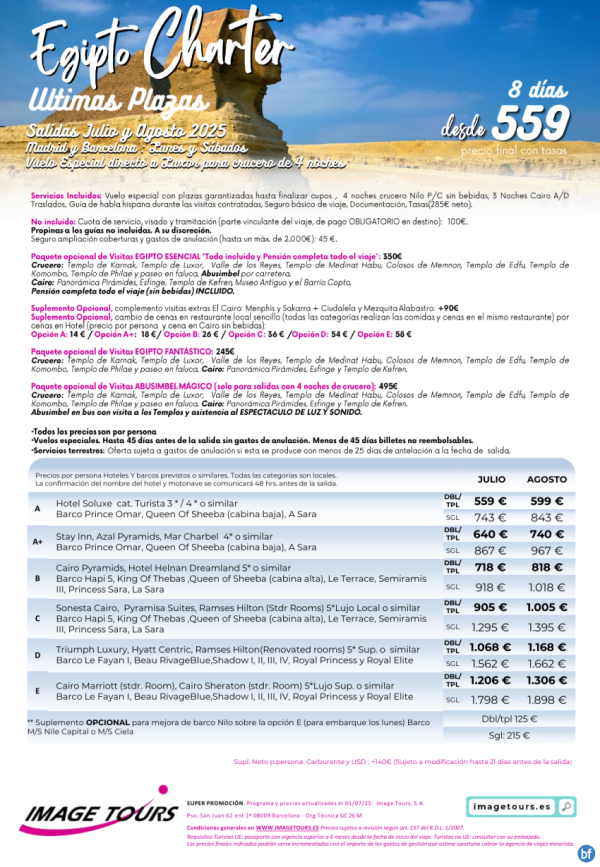 Egipto Charter, ltimas Plazas Julio y Agosto con plazas garantizadas! 8 das desde solo 559 € 