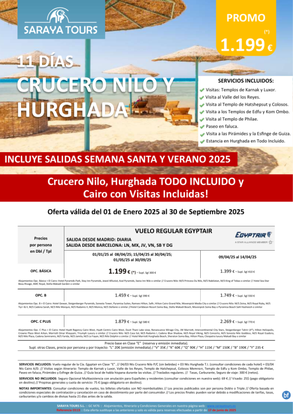 Crucero Nilo y Hurghada 11das. Mad y Bcn *Crucero, Hurghada en T.I. y Cairo con Visitas Incl* hasta Dic25