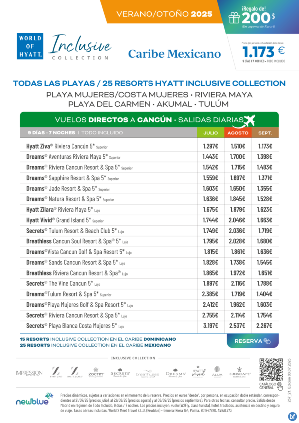 Car. Mexicano - Verano/Otoo Desde 1.173 € - Todas las playas - 25 Resorts Hyatt Inclusive Collection