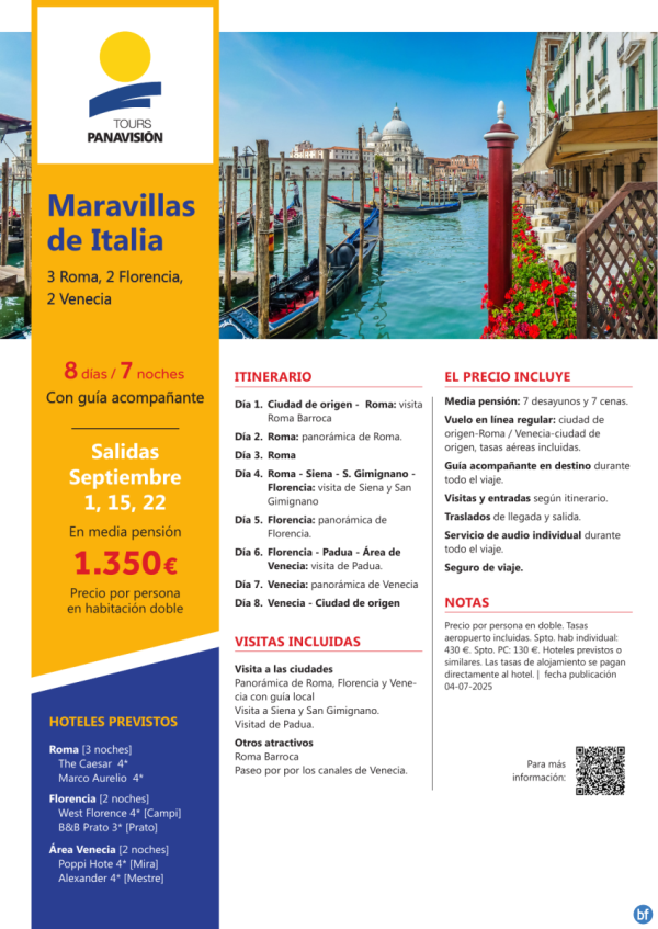 Maravillas de ITALIA: Roma, Florencia y Venecia desde 1.350 € 