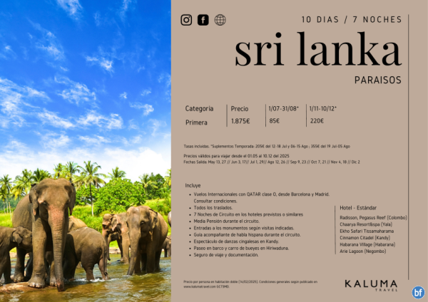 Parasos de Sri Lanka 10 Das / 7 Noches - Salidas Garantizadas hasta Diciembre desde 1.875 € 