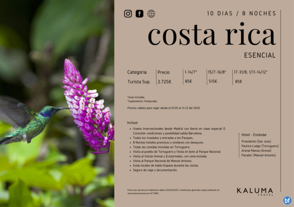 Costa Rica Esencial 8 noches - Salidas Diarias hasta Diciembre desde 2.725 € 