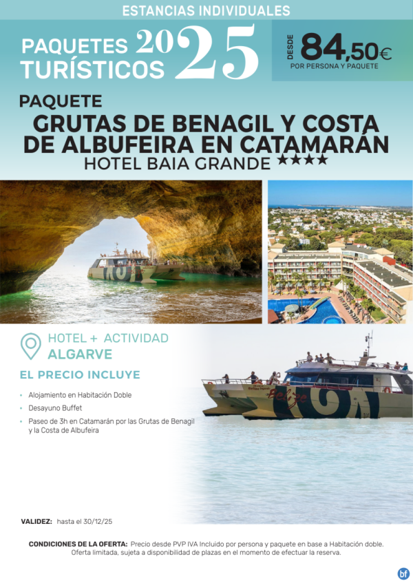 Grutas de Benagil y Costa de Albufeira en Catamarn Hotel Baia Grande.- Paquetes tursticos para Individuales