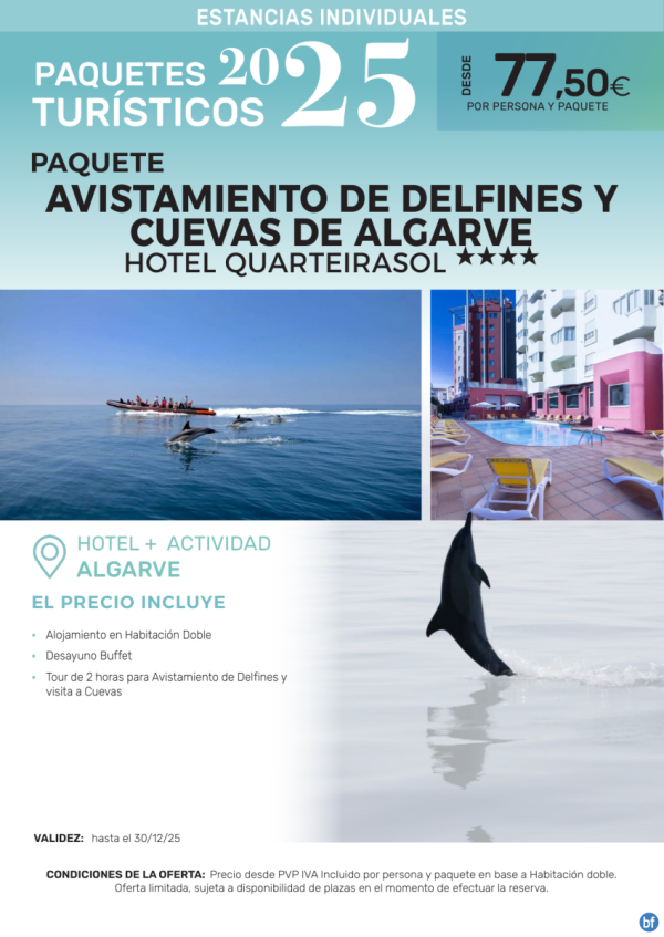 Avistamiento de Delfines y Cuevas de Algarve Hotel Quarteirasol 4*.- Paquetes tursticos para Individuales